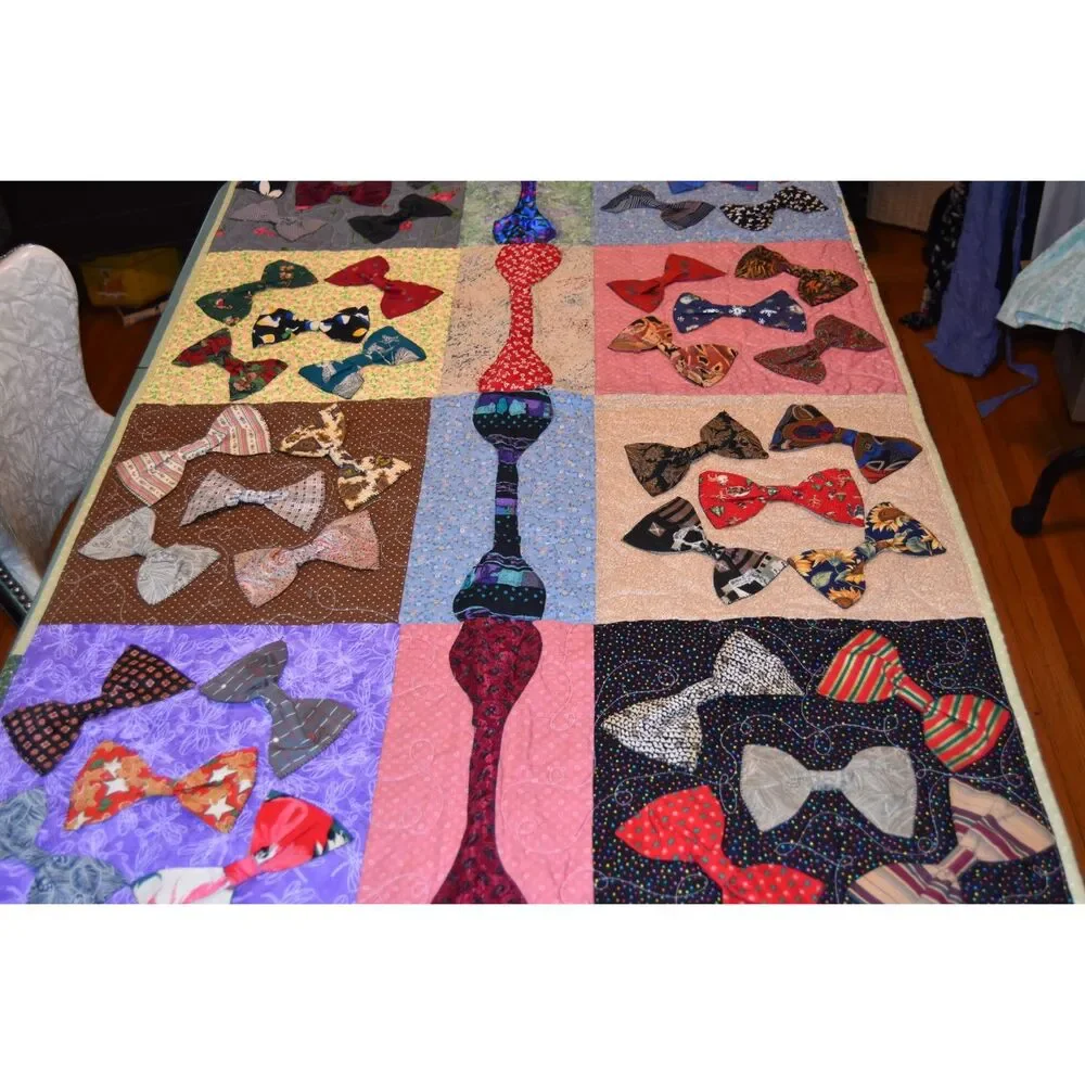 Handmade Bow Tie Quilt Lap Quilt Memorial Signed 2017 Applique 57x36